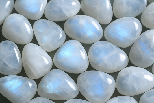 Polished moonstone tumbled stones with soft white tones and subtle flashes of rainbow adularescence, arranged on a smooth neutral background.