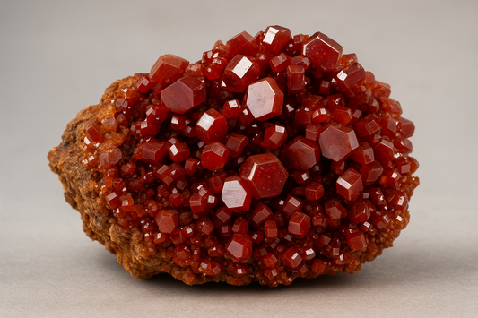 Raw vanadinite crystal cluster with vibrant red-orange hexagonal formations, showcasing its natural mineral structure and earthy texture.