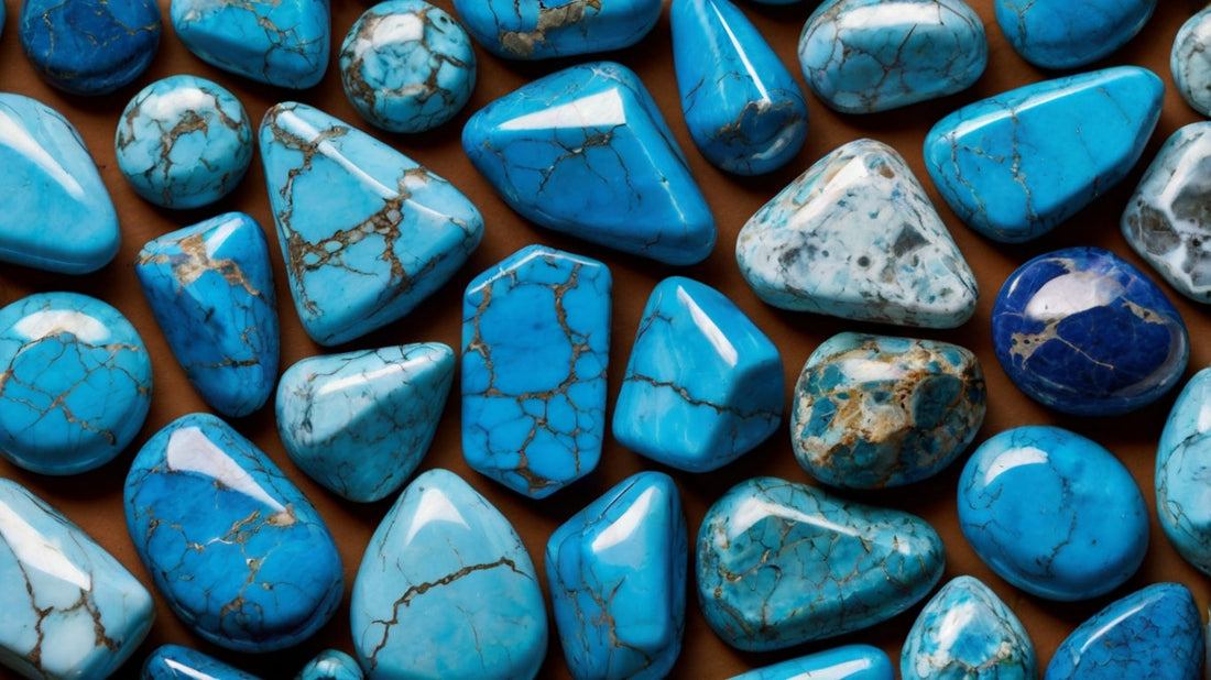 Blue Howlite crystal gemstones, different sizes and shapes some with cracked veins, different shades of blue