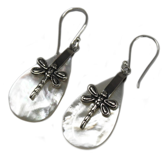 "Teardrop mother of pearl earrings with detailed silver dragonfly overlay, handcrafted in Bali."