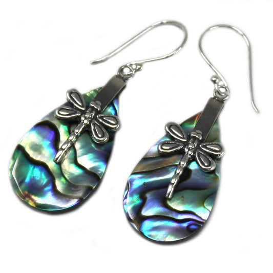 "Teardrop abalone shell earrings with detailed silver dragonfly overlay, handmade in Bali."