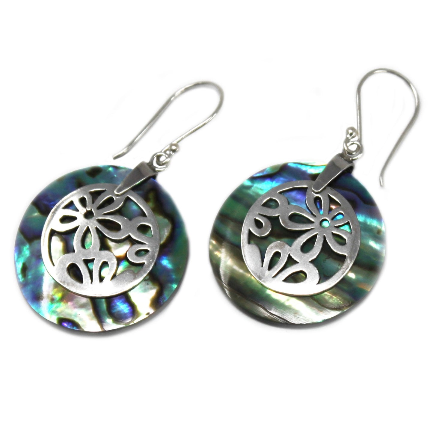 "Full round abalone shell earrings with ornate sterling silver floral overlay, handcrafted in Bali."
