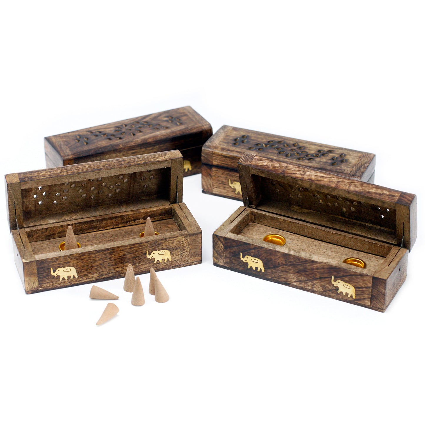 6-inch mango wood incense cone smoke box with carved floral top and brass elephant inlays, handcrafted in India with dual cone holders inside.