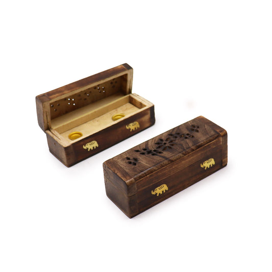 6-inch mango wood incense cone smoke box with carved floral top and brass elephant inlays, handcrafted in India with dual cone holders inside.