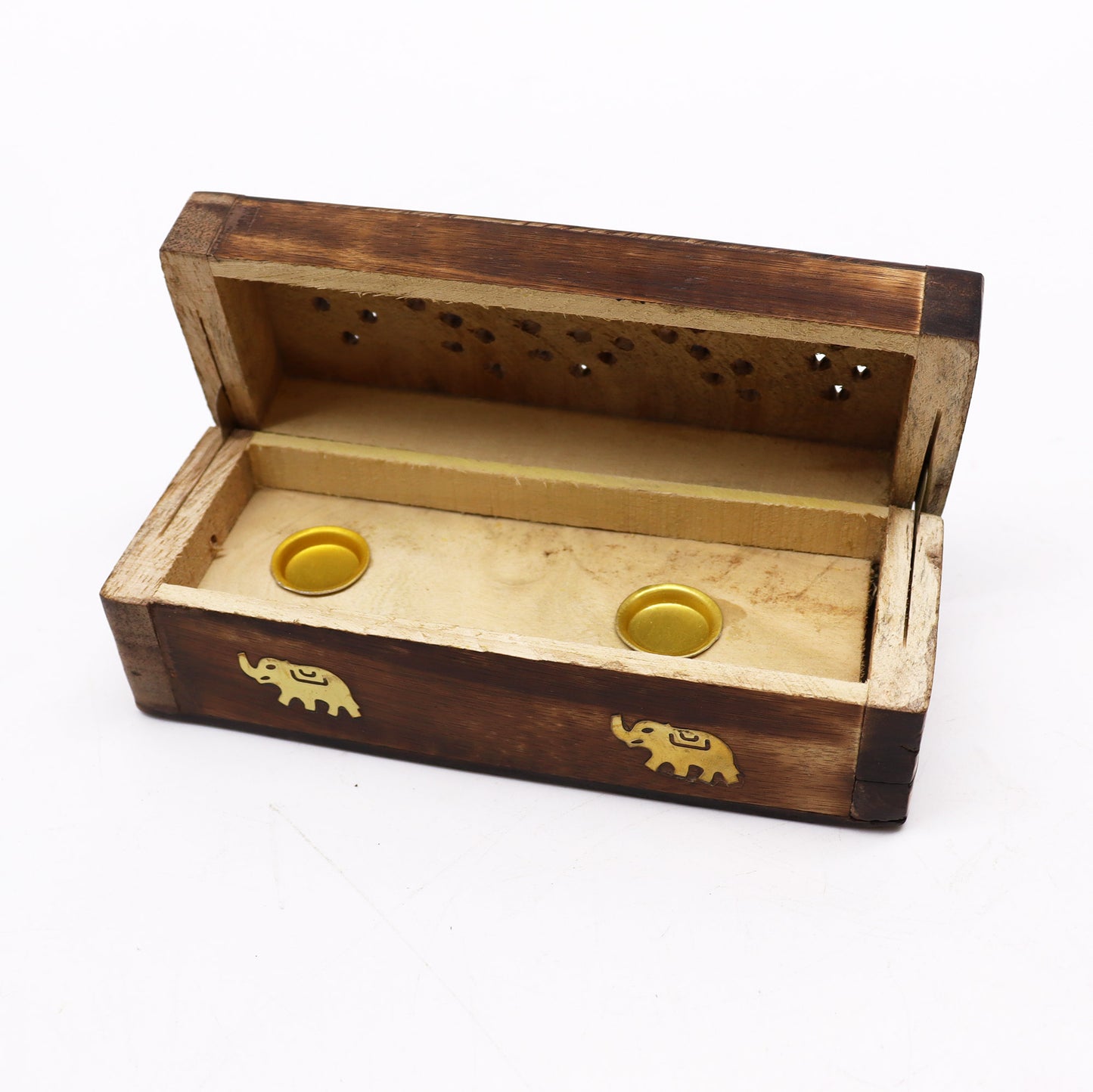 6-inch mango wood incense cone smoke box with carved floral top and brass elephant inlays, handcrafted in India with dual cone holders inside.