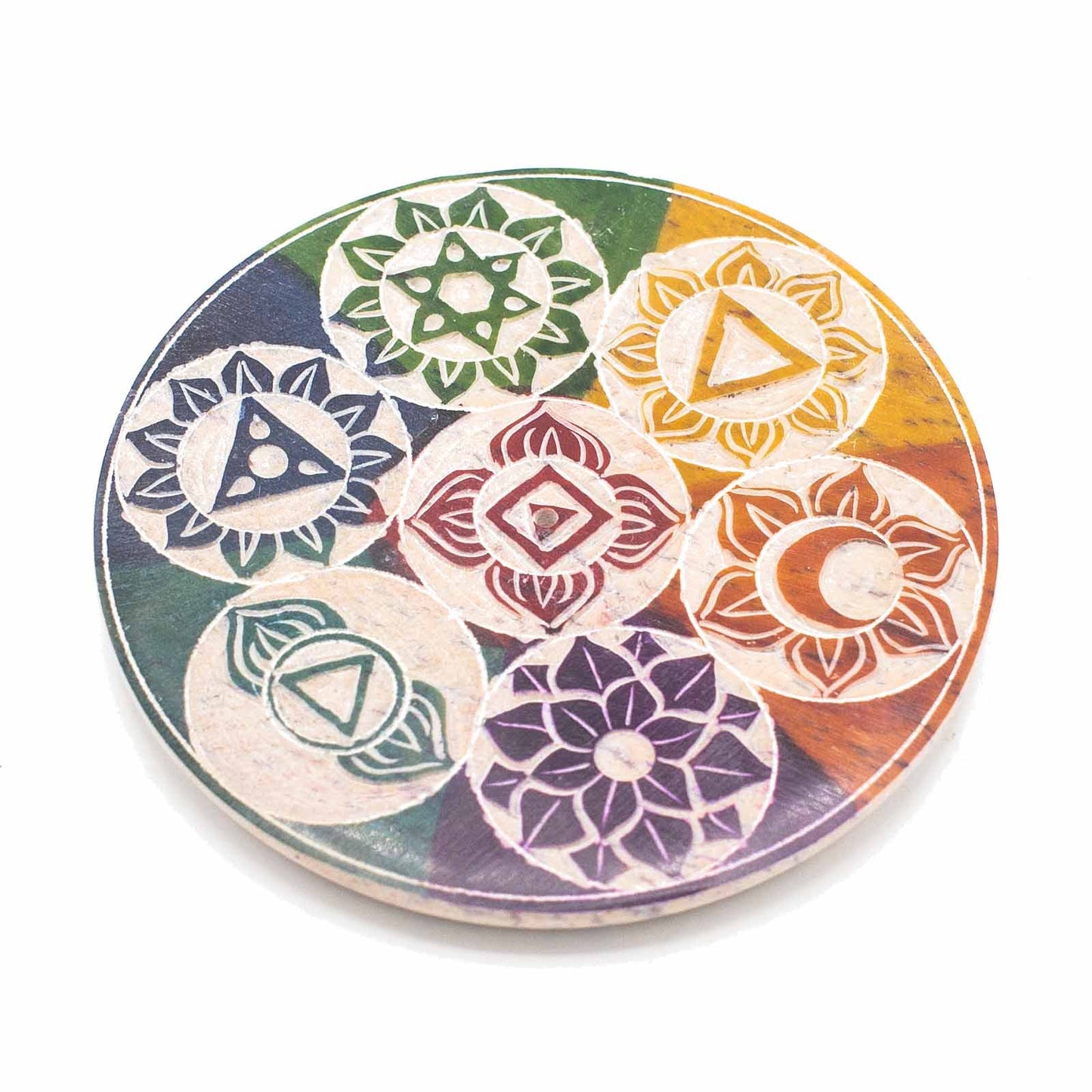 10cm soapstone incense cone holder with colorful carved Seven Chakra symbols, ideal for spiritual rituals and calming décor.