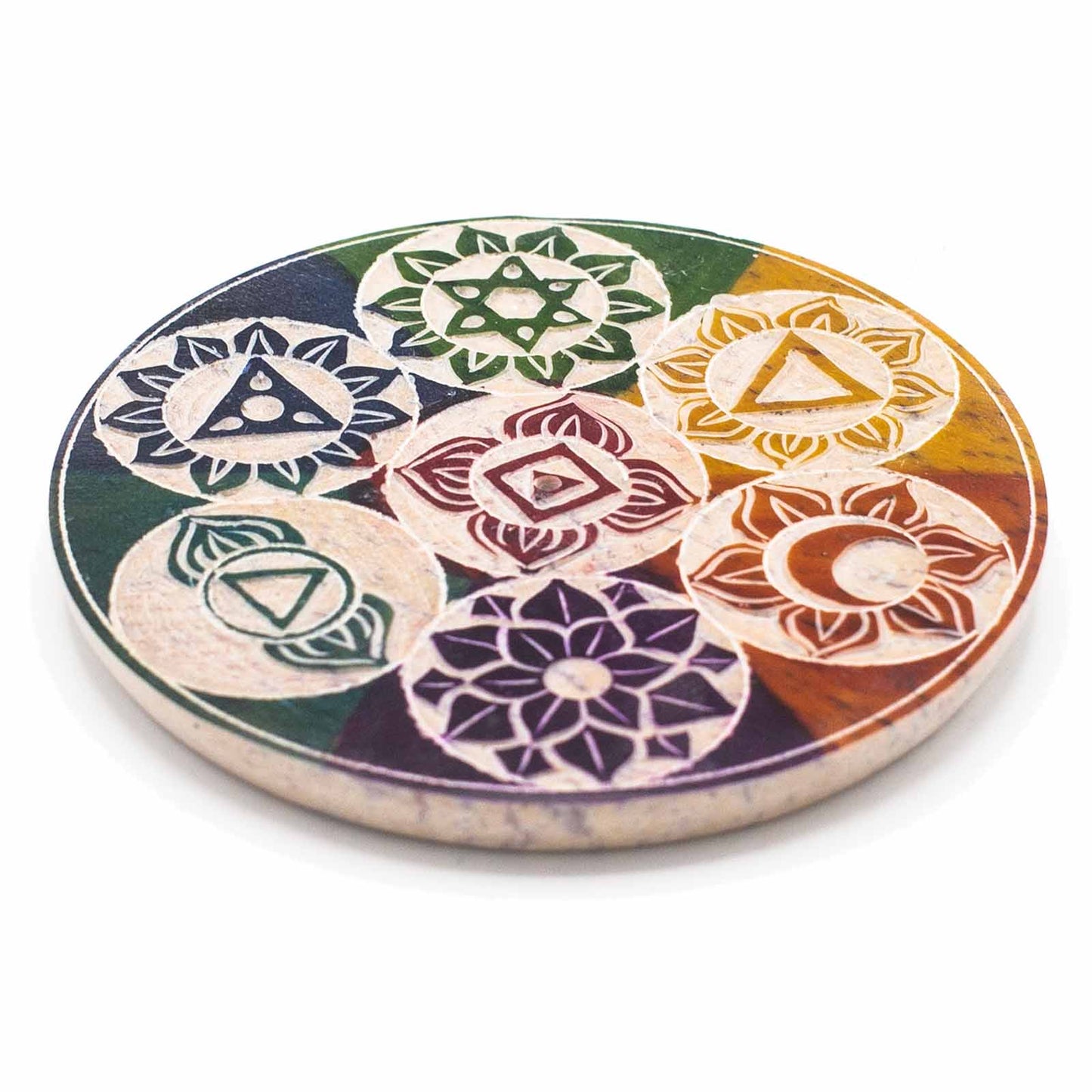 10cm soapstone incense cone holder with colorful carved Seven Chakra symbols, ideal for spiritual rituals and calming décor.