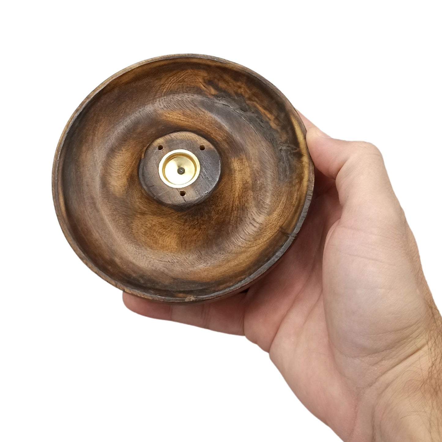 Plain round mango wood incense burner disc with brass holder, handcrafted for stick and cone incense use in a clean, minimalist style.