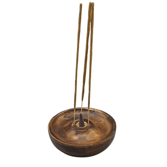 Plain round mango wood incense burner disc with brass holder, handcrafted for stick and cone incense use in a clean, minimalist style.