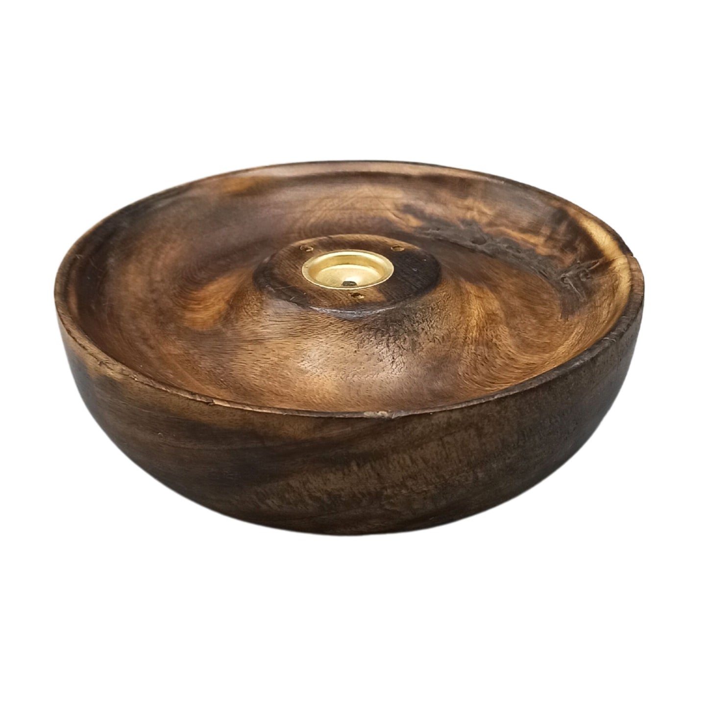 Plain round mango wood incense burner disc with brass holder, handcrafted for stick and cone incense use in a clean, minimalist style.