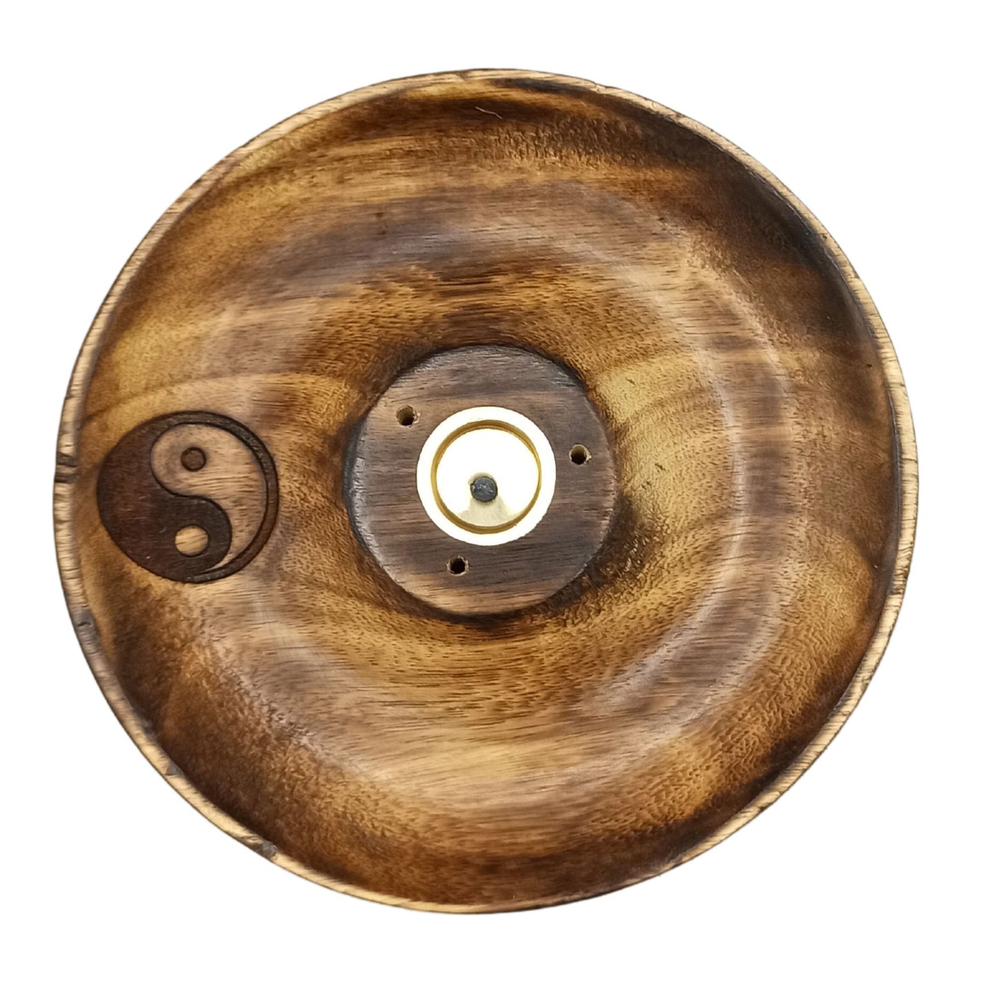 Round mango wood incense burner disc with Yin & Yang symbol, holds both sticks and cones with brass insert and sloped surface for ash.