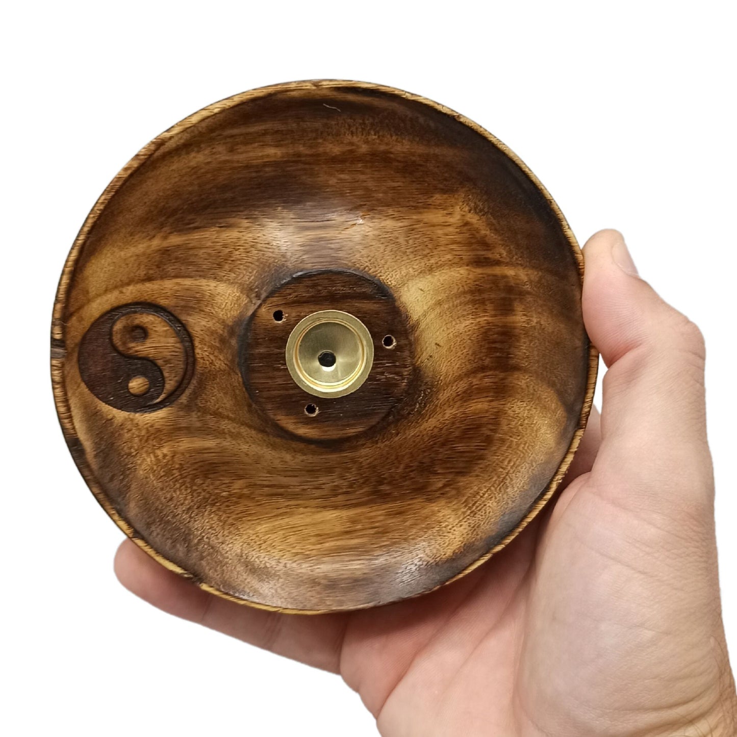 Round mango wood incense burner disc with Yin & Yang symbol, holds both sticks and cones with brass insert and sloped surface for ash.
