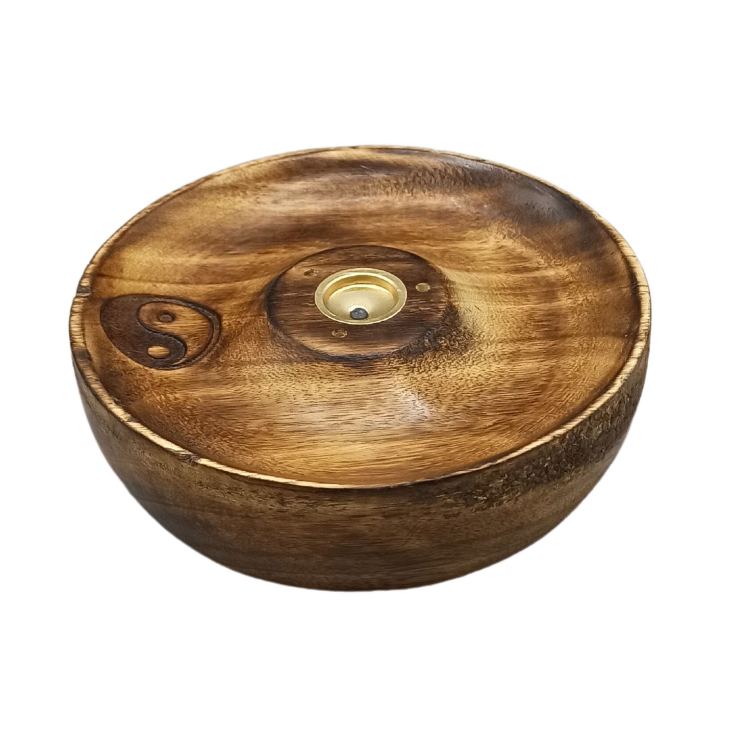 Round mango wood incense burner disc with Yin & Yang symbol, holds both sticks and cones with brass insert and sloped surface for ash.
