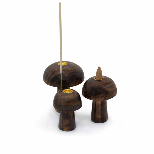 Set of 3 handcrafted mango wood mushroom incense holders in 10cm, 9cm, and 8cm sizes with brass plates for burning incense cones.