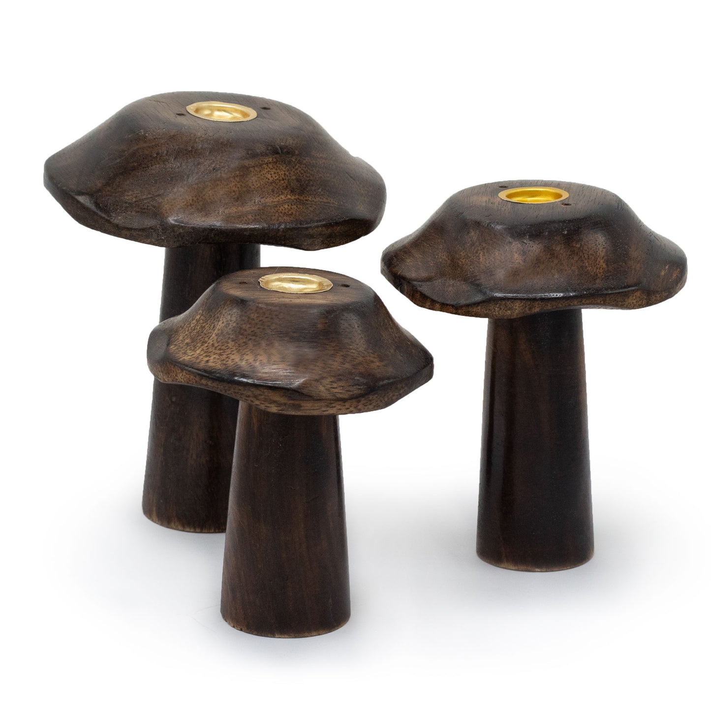 Set of 3 handcrafted mango wood flat mushroom incense holders with brass plates in 13cm, 12cm, and 11cm sizes for cone burning and natural décor.