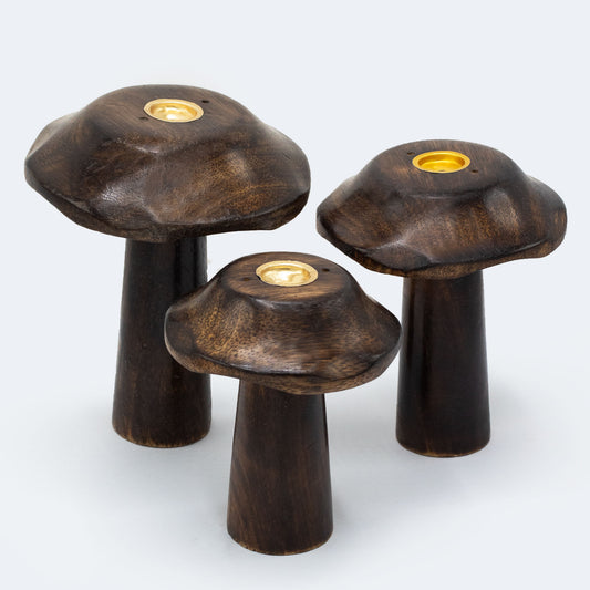 Set of 3 handcrafted mango wood flat mushroom incense holders with brass plates in 13cm, 12cm, and 11cm sizes for cone burning and natural décor.