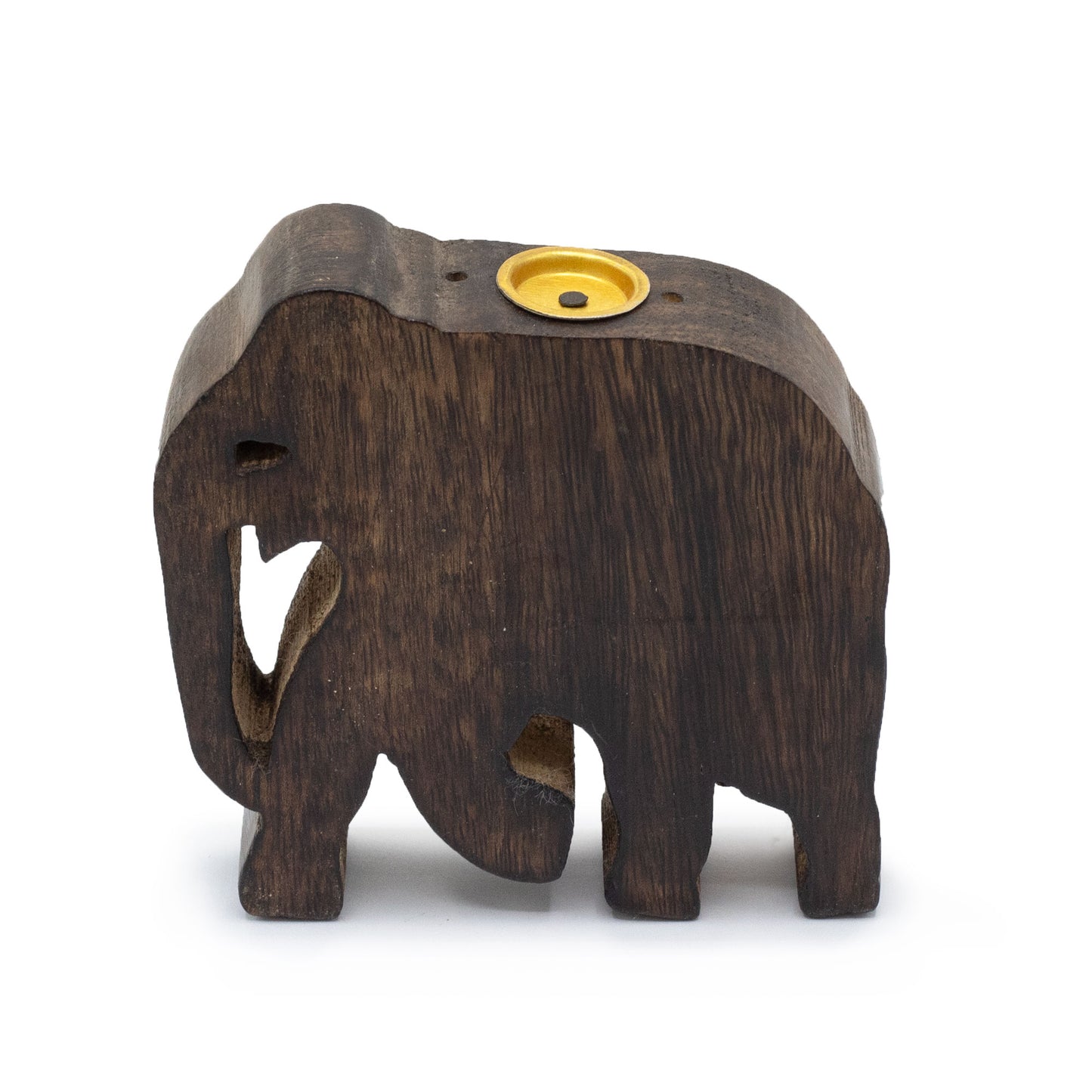 Handcrafted mango wood elephant incense holder with cone plate and stick hole, 10x10cm rustic Indian décor piece.
