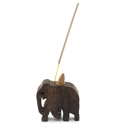 Handcrafted mango wood elephant incense holder with cone plate and stick hole, 10x10cm rustic Indian décor piece.