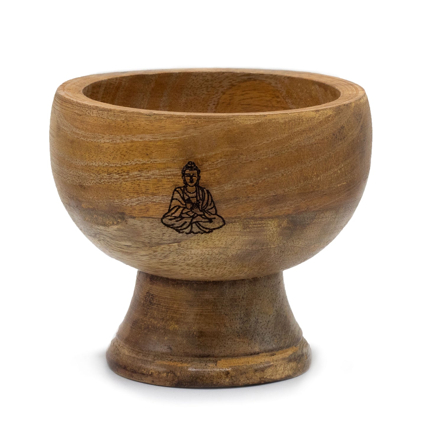 Handcrafted mango wood incense holder with Buddha symbol. 11x6cm ritual bowl for cones or sticks. Ideal for altars and spiritual practice