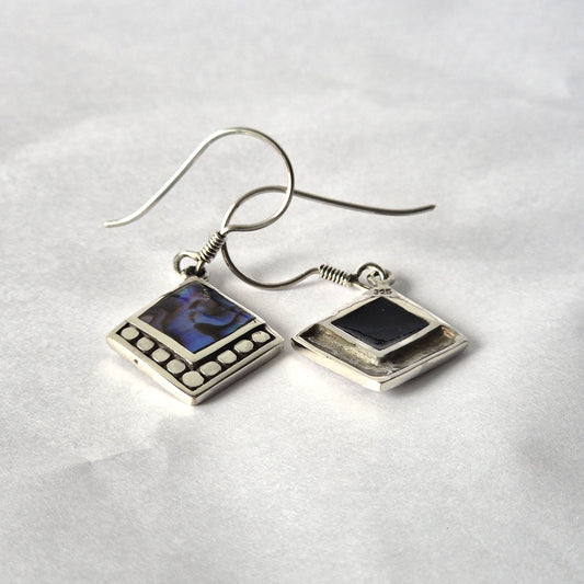 "Small square abalone shell earrings with dotted sterling silver border, handcrafted in Bali."