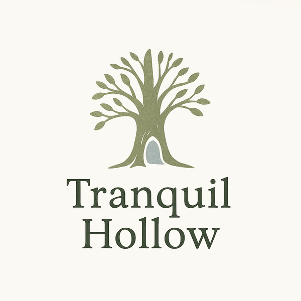 Logo with a tree and 'Tranquil Hollow' text on a light background
