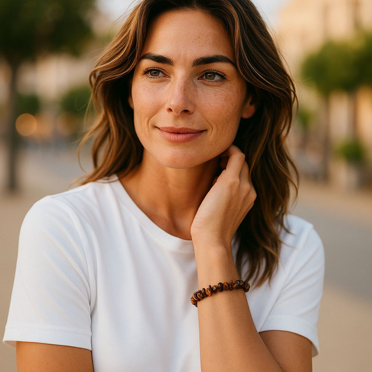 Tiger’s Eye chip stone bracelet with golden-brown stones, worn by a woman with brown hair and white shirt, symbolising confidence, protection, and grounded strength.