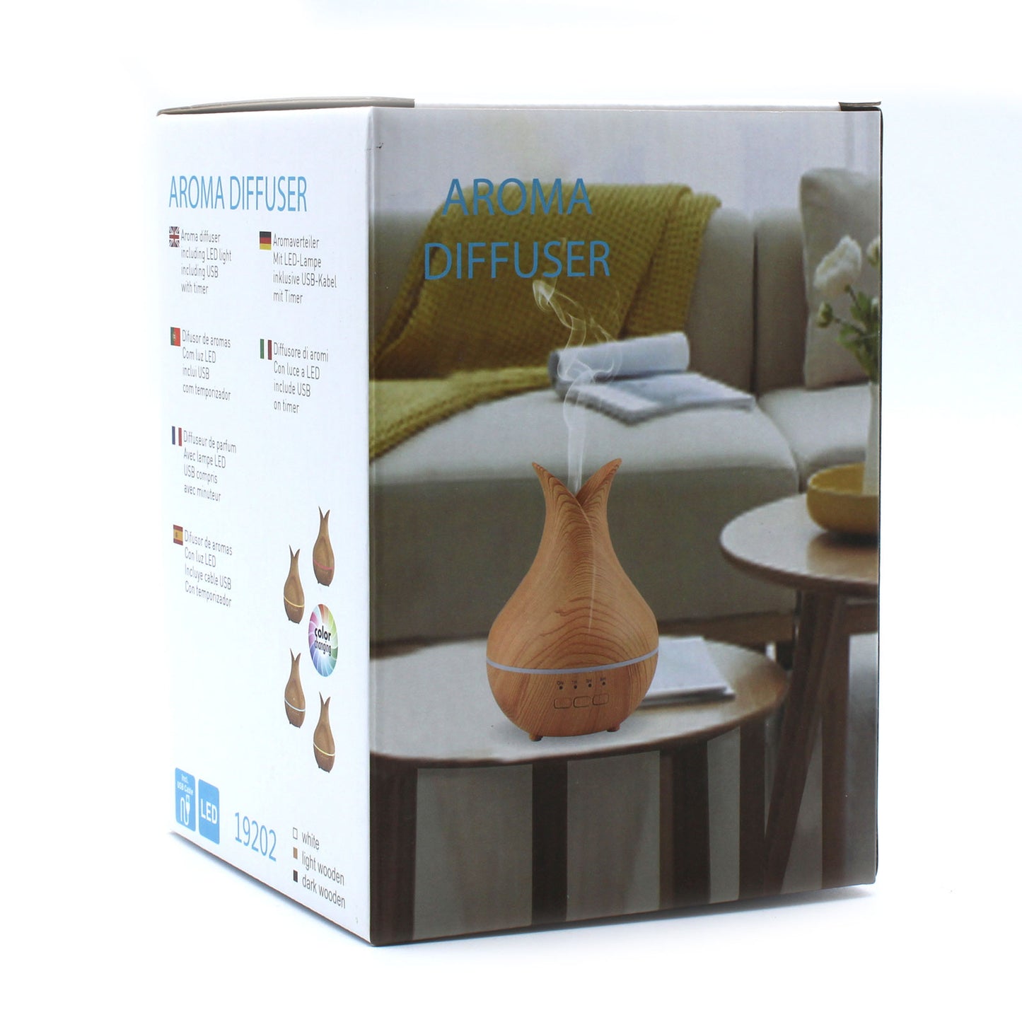 Palermo USB aroma diffuser with colour-changing LED and timer, compact ultrasonic mist design for modern aromatherapy in any room.