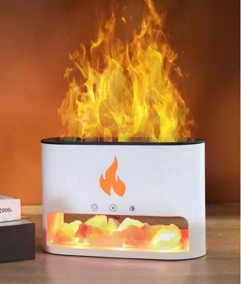 White Blaze aroma diffuser with glowing Himalayan salt chamber and USB power, featuring colour light and ultrasonic mist for peaceful ambiance.