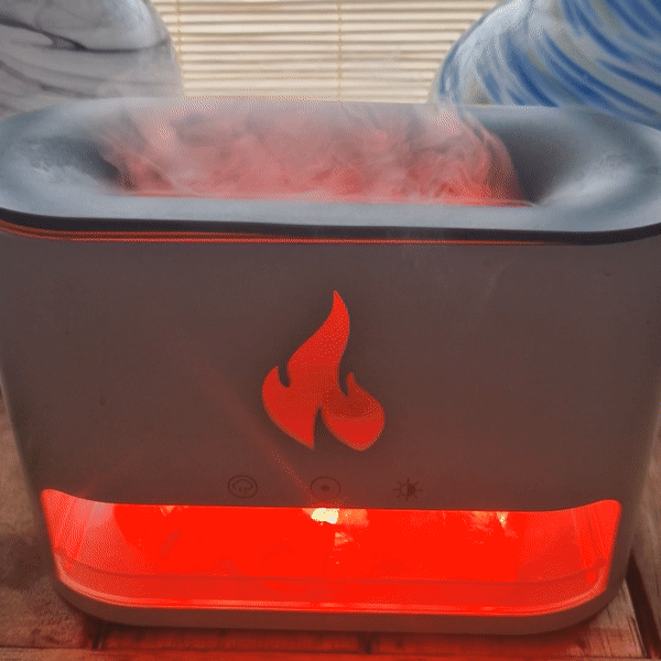 White Blaze aroma diffuser with glowing Himalayan salt chamber and USB power, featuring colour light and ultrasonic mist for peaceful ambiance.