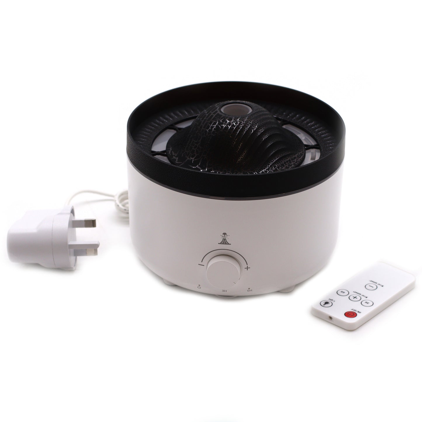 Large volcano-style plug-in aroma diffuser with twin mist streams, LED light display, and UK plug. Perfect for high-impact home fragrance.