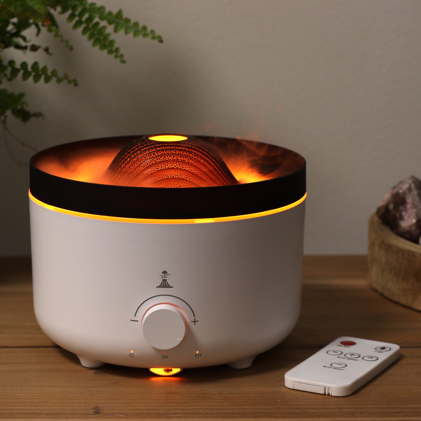 Large volcano-style plug-in aroma diffuser with twin mist streams, LED light display, and UK plug. Perfect for high-impact home fragrance.