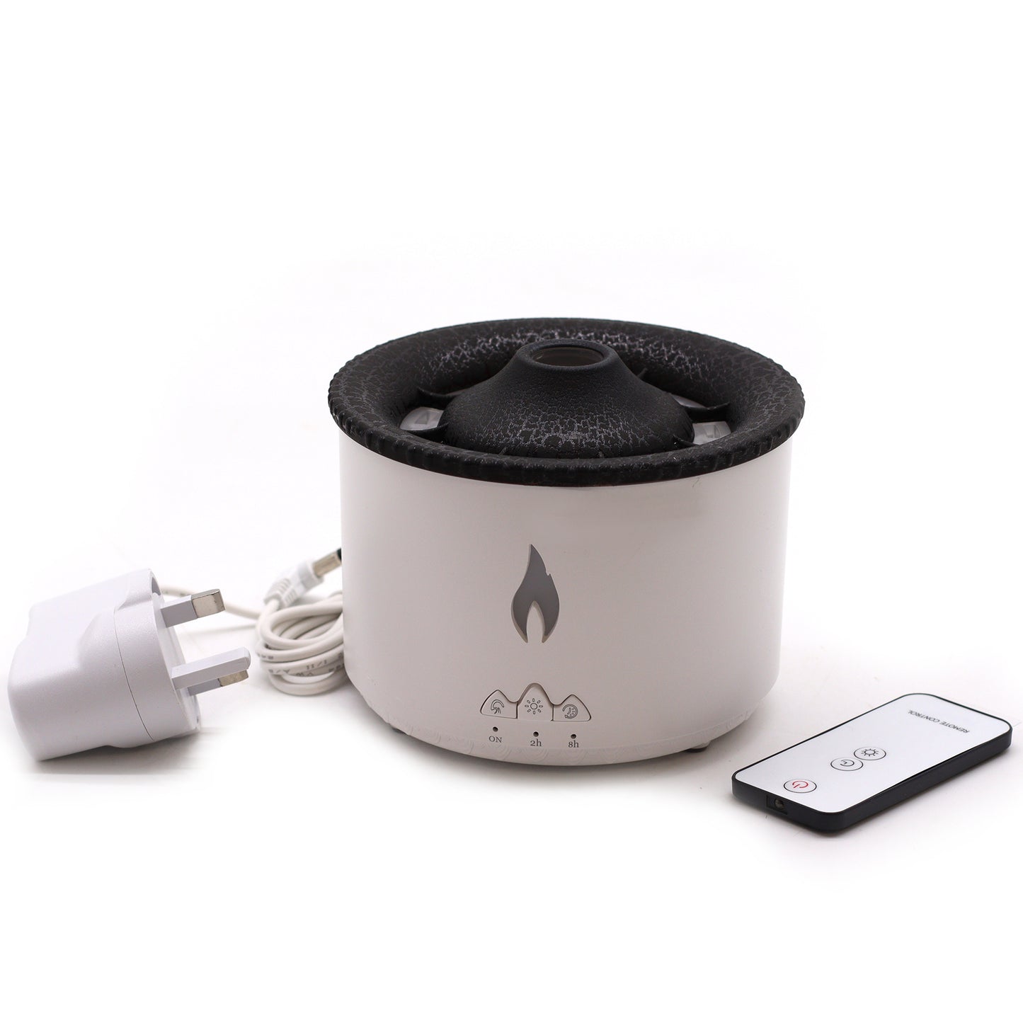 Medium volcano-style aroma diffuser with twin mist outlets, UK plug, and LED light for glowing aromatherapy in medium-sized rooms.