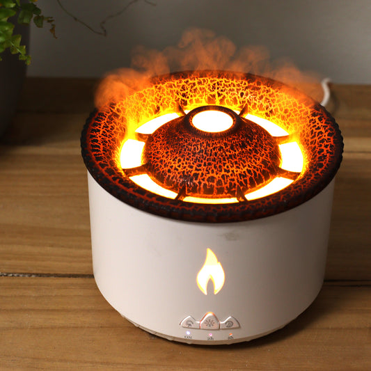 Medium volcano-style aroma diffuser with twin mist outlets, UK plug, and LED light for glowing aromatherapy in medium-sized rooms.