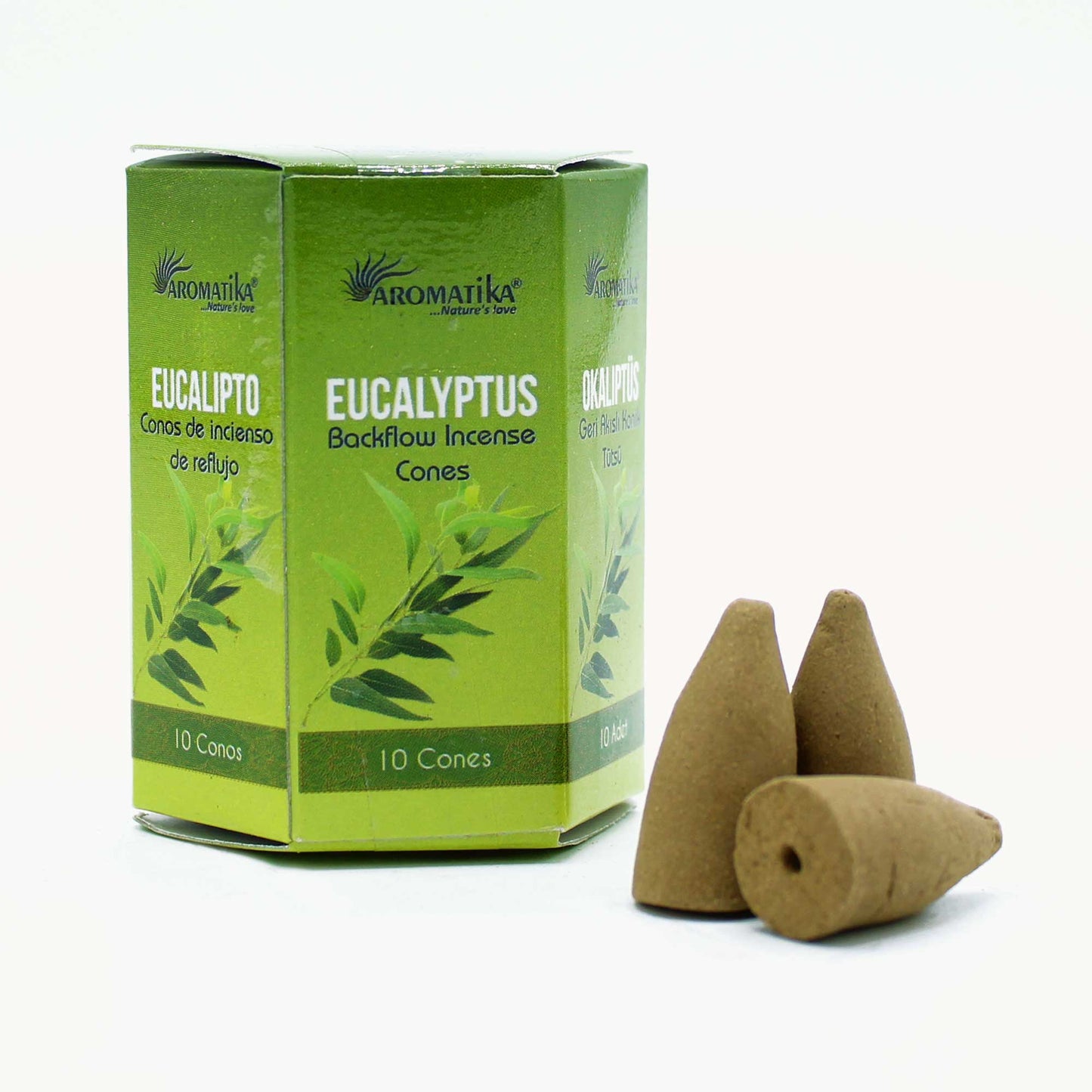 Hexagonal box of Aromatika Eucalyptus backflow incense cones offering a fresh and uplifting aroma.