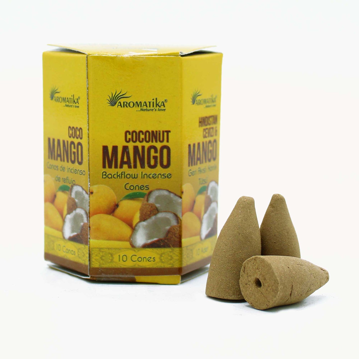 Aromatika Coconut & Mango backflow incense cones in tropical-themed box with 10 fragrant cones and waterfall smoke display.