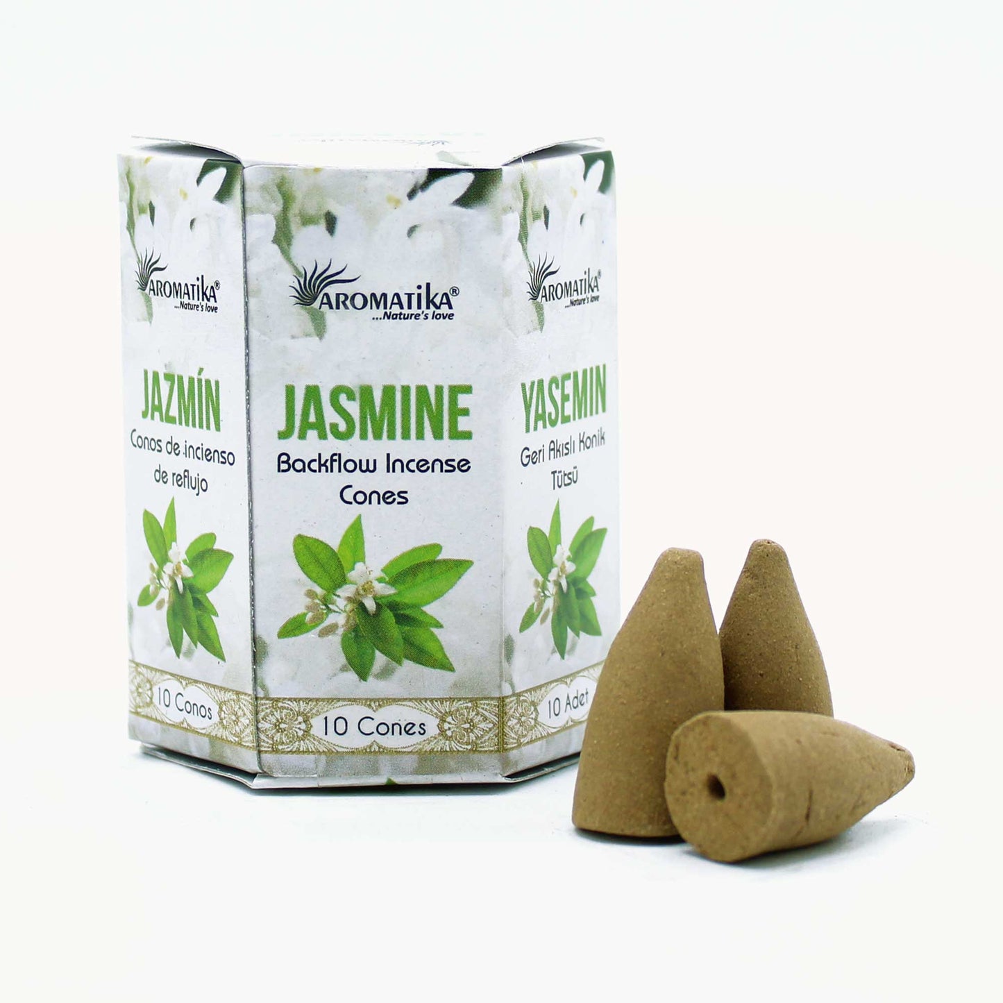 Aromatika Jasmine backflow incense cones in floral-themed box with 10 pieces for a romantic, calming experience.