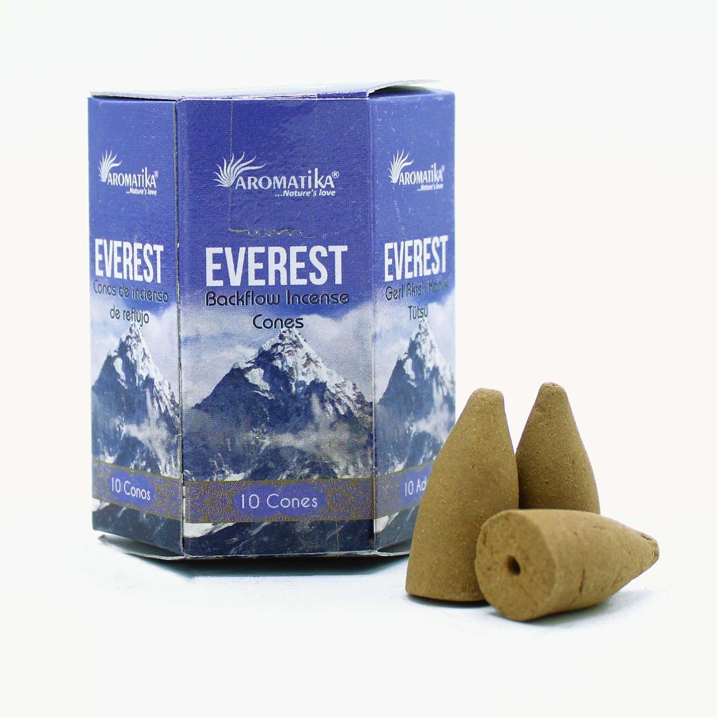 Aromatika Everest backflow incense cone box with 10 cones offering a fresh, cool scent and tranquil smoke cascade.