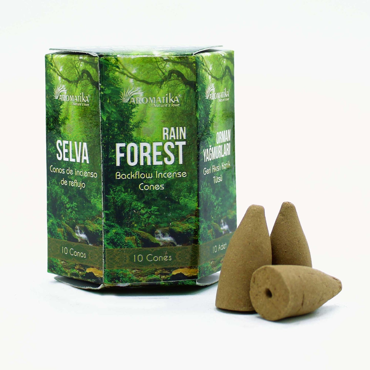 Aromatika Rain Forest backflow incense cones in lush green box with 10 pieces for grounding and jungle mist-like ambiance.