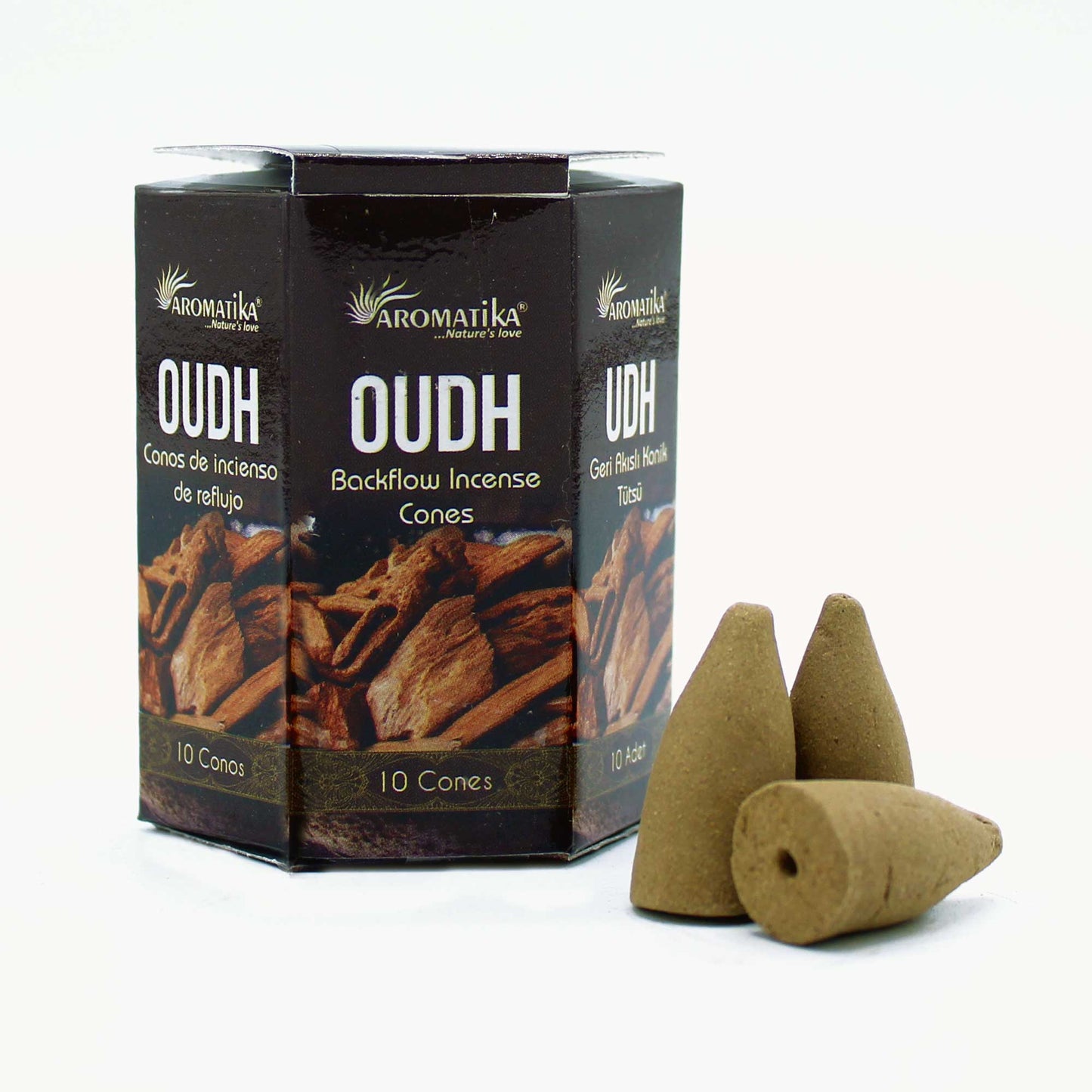Aromatika Oudh backflow incense cone box with 10 richly scented cones featuring ancient, resinous aroma and visual smoke cascade.