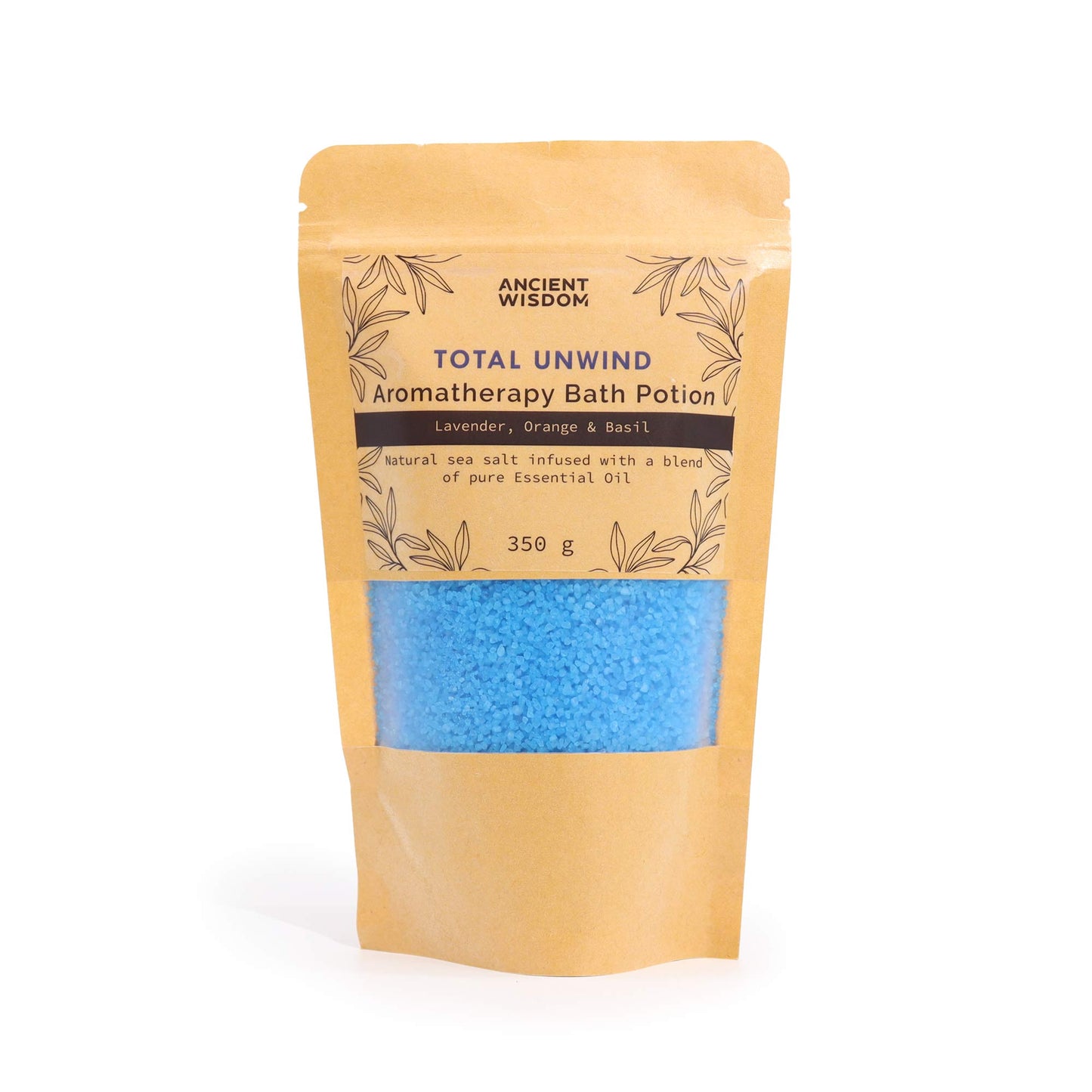 Aromatherapy Bath Salt Total Unwind with lavender, orange, and basil oils in a 350g pouch.