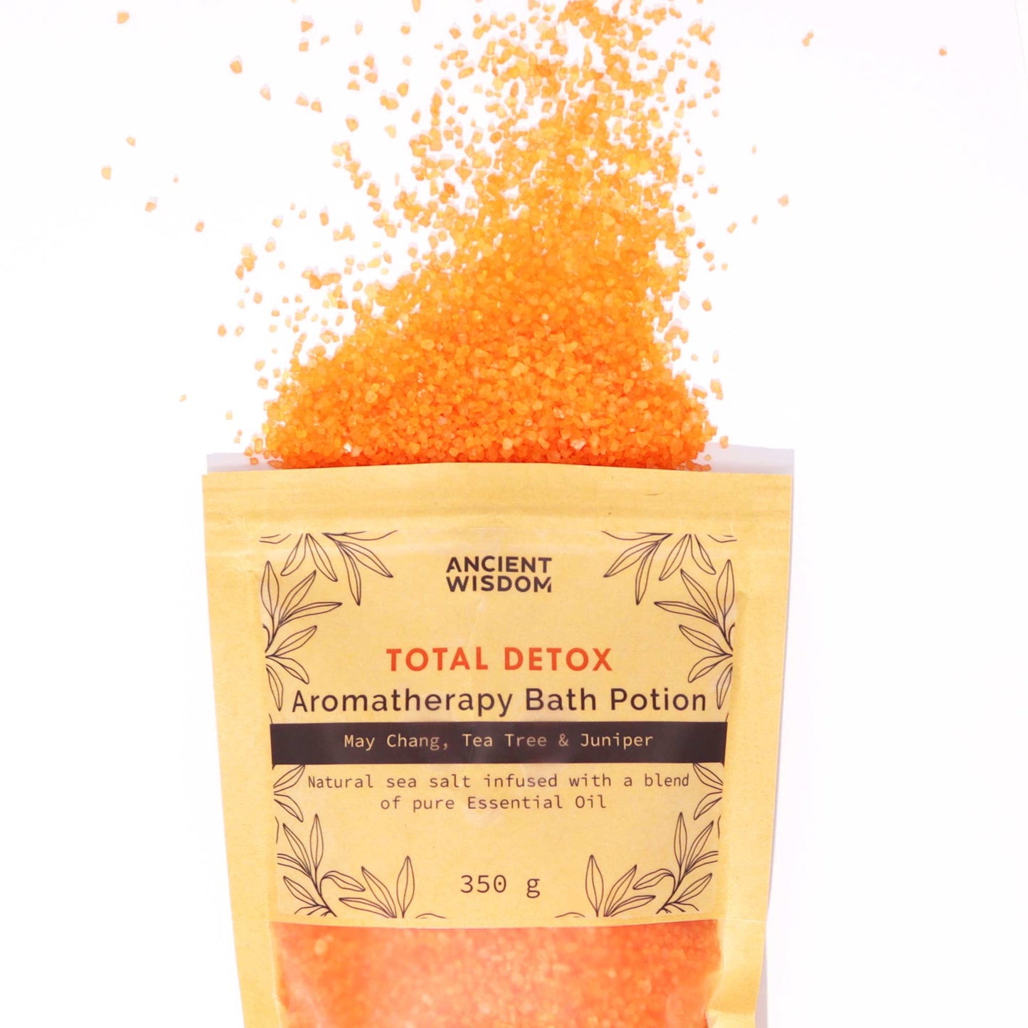 Aromatherapy Bath Salt Total Detox with May Chang, tea tree, and juniper oils in a 350g pouch.