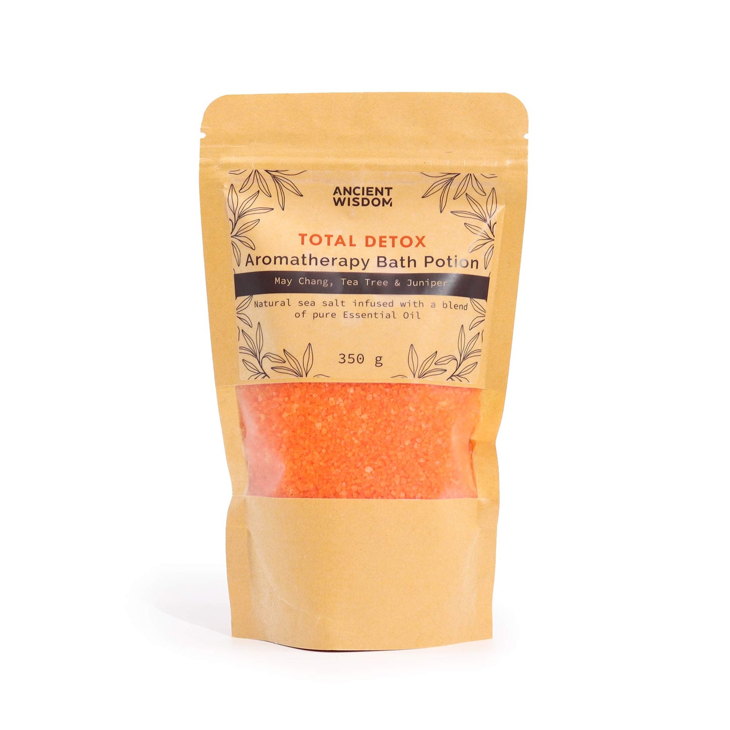 Aromatherapy Bath Salt Total Detox with May Chang, tea tree, and juniper oils in a 350g pouch.