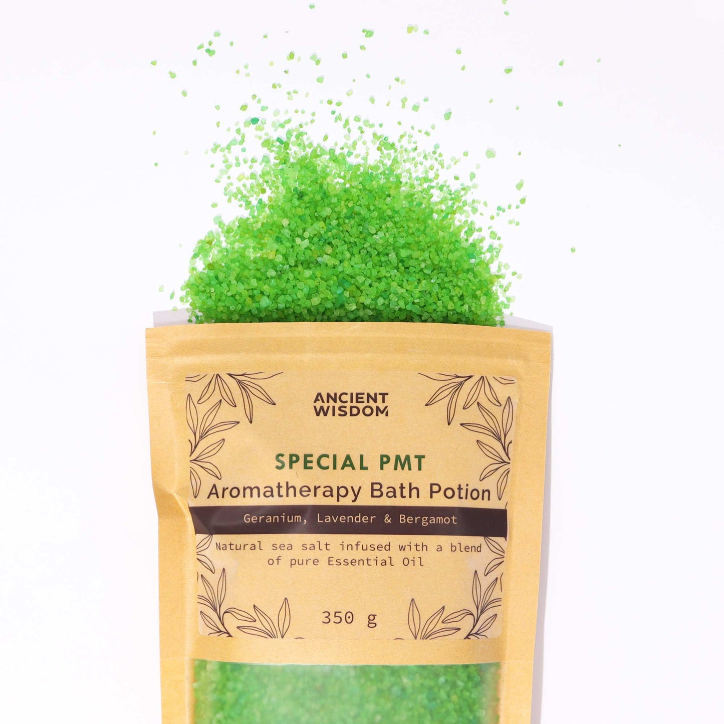 Aromatherapy Bath Salt Special PMT with geranium, lavender, and bergamot oils in a 350g pouch.