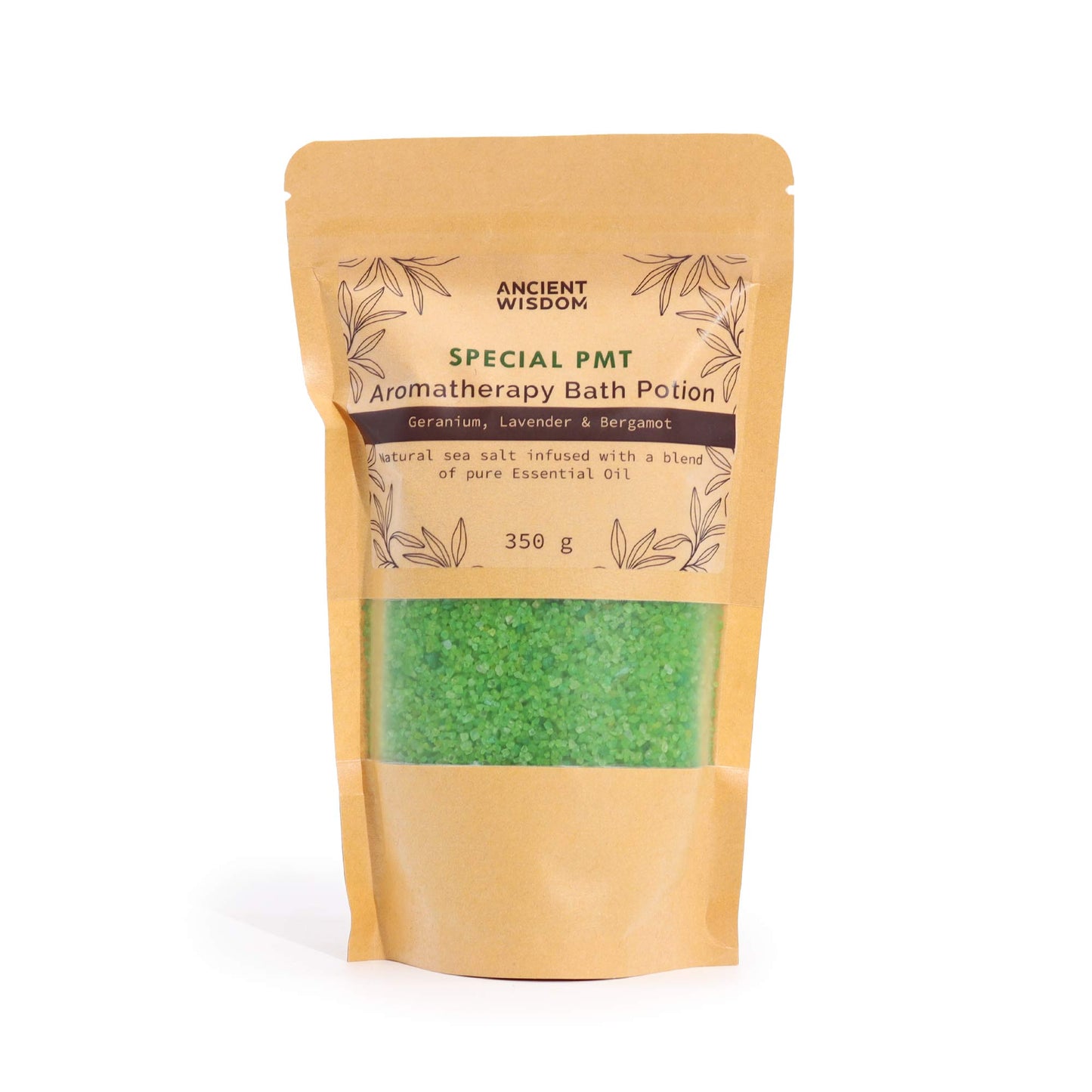 Aromatherapy Bath Salt Special PMT with geranium, lavender, and bergamot oils in a 350g pouch.