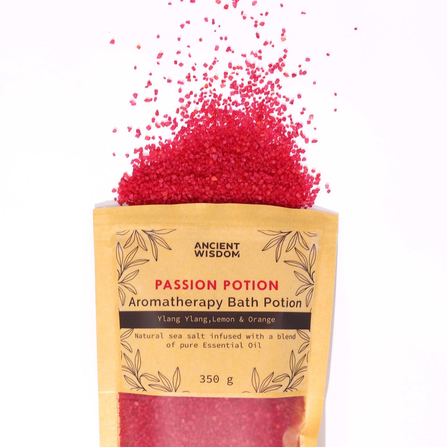 Aromatherapy Bath Salt Passion with ylang ylang, lemon, and orange essential oils in a 350g pouch.