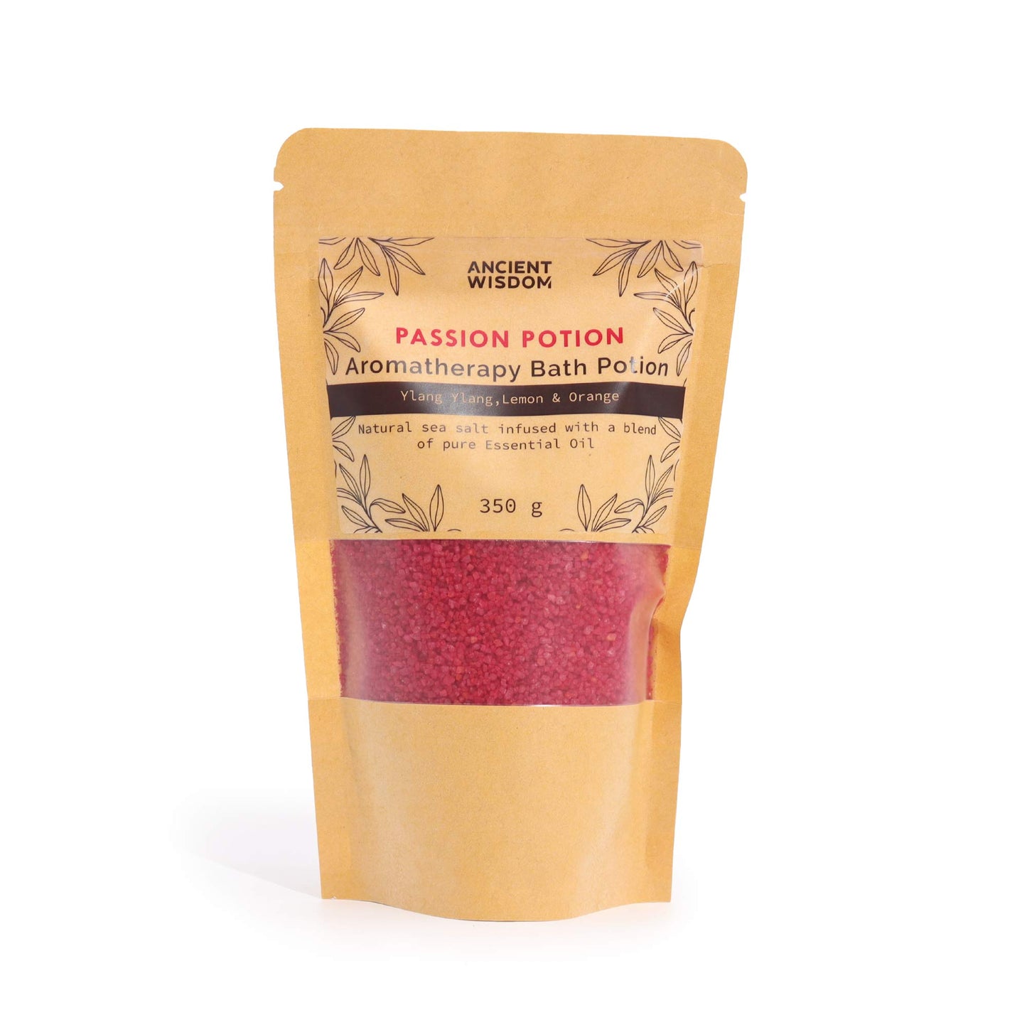 Aromatherapy Bath Salt Passion with ylang ylang, lemon, and orange essential oils in a 350g pouch.