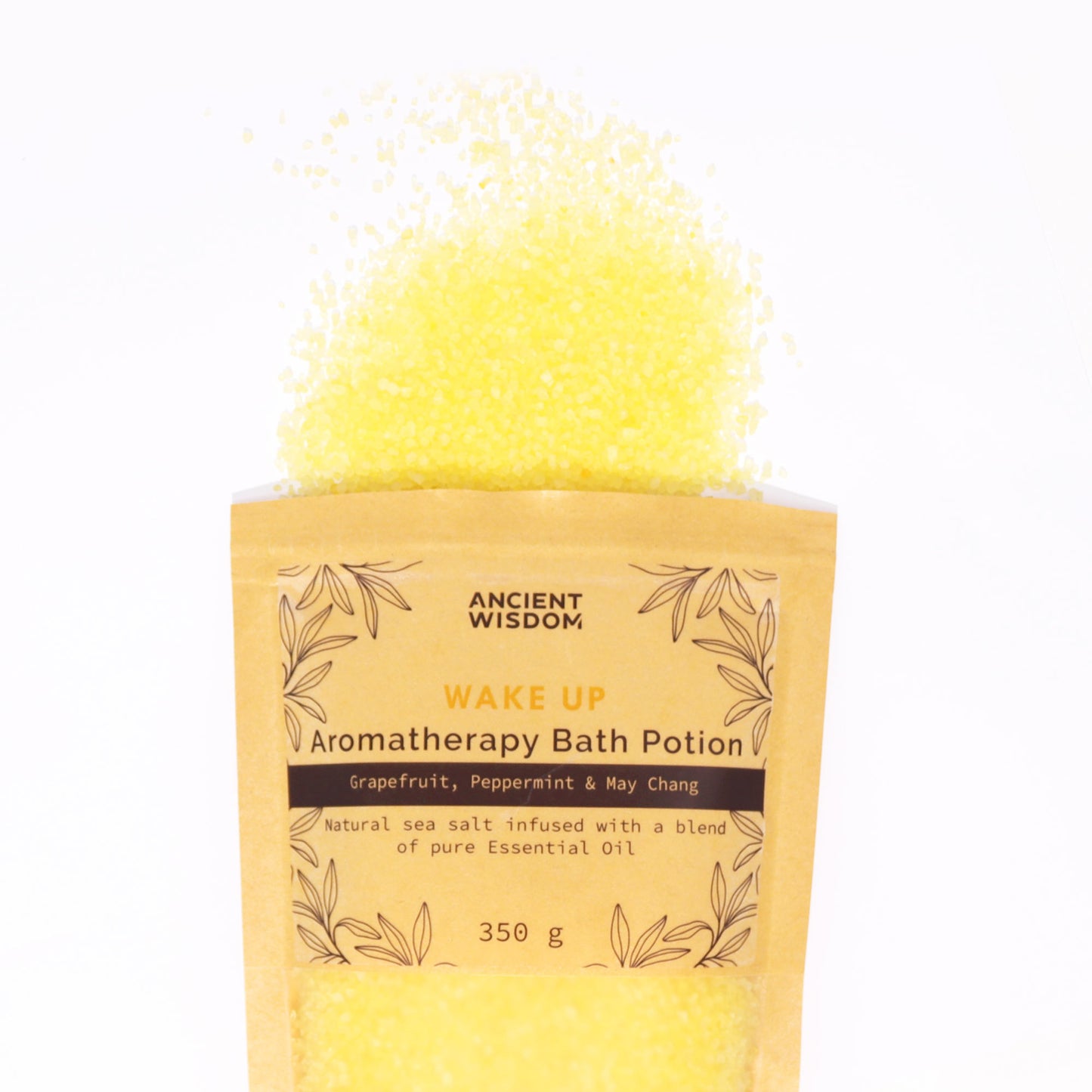 Aromatherapy Bath Salt Wake Up with grapefruit, peppermint, and may chang essential oils in a 350g pouch.