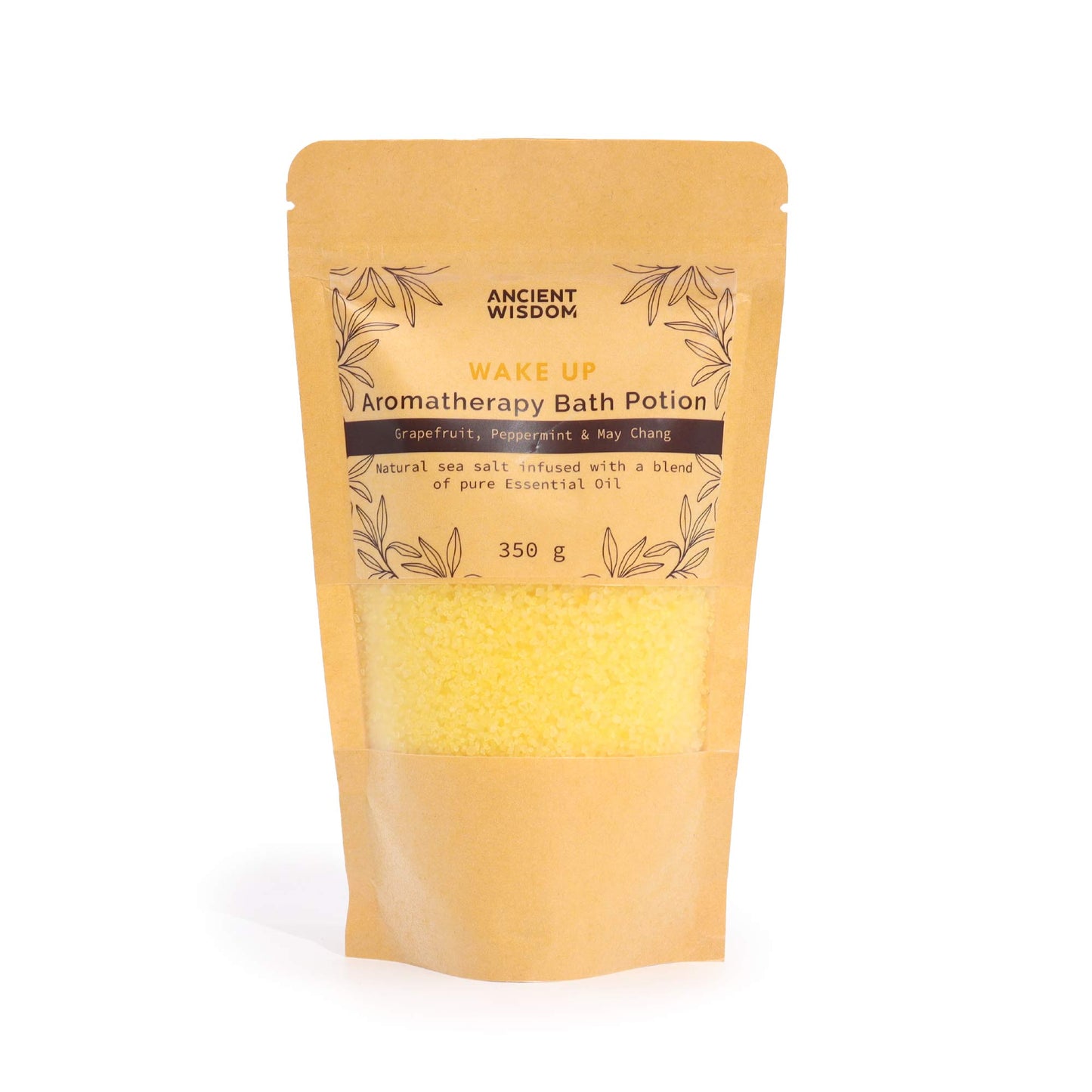 Aromatherapy Bath Salt Wake Up with grapefruit, peppermint, and may chang essential oils in a 350g pouch.