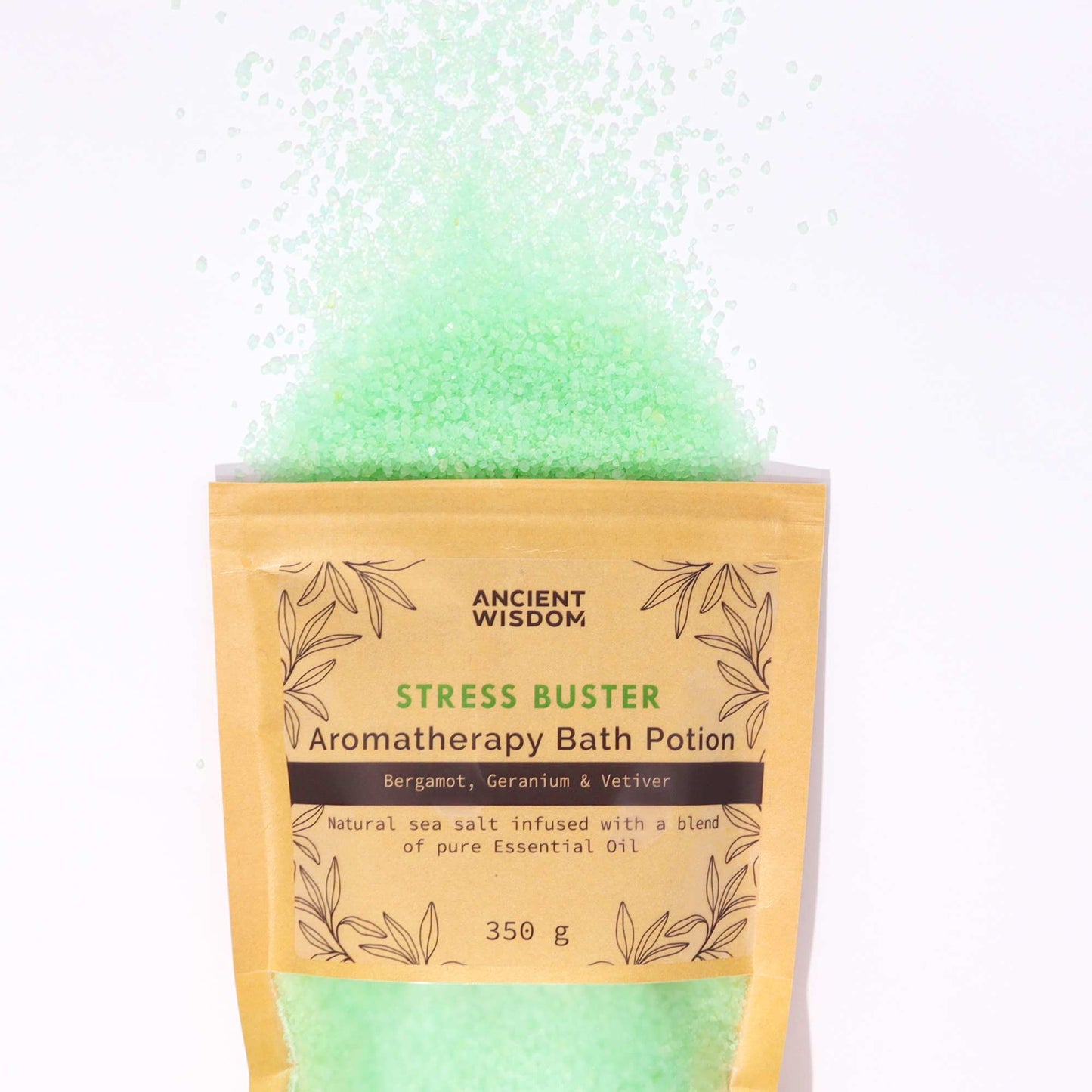 Aromatherapy Bath Salt Stress Buster with bergamot, geranium, and vetiver essential oils in a 350g pouch.