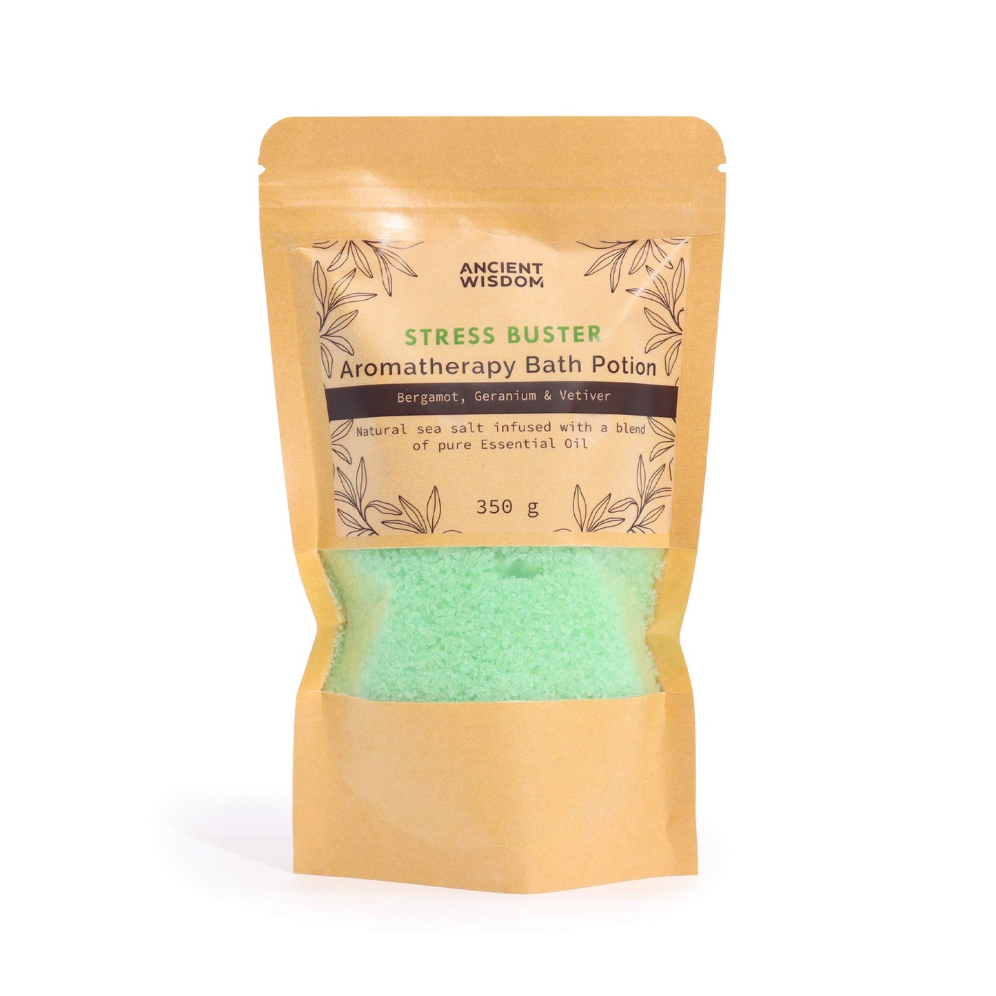 Aromatherapy Bath Salt Stress Buster with bergamot, geranium, and vetiver essential oils in a 350g pouch.